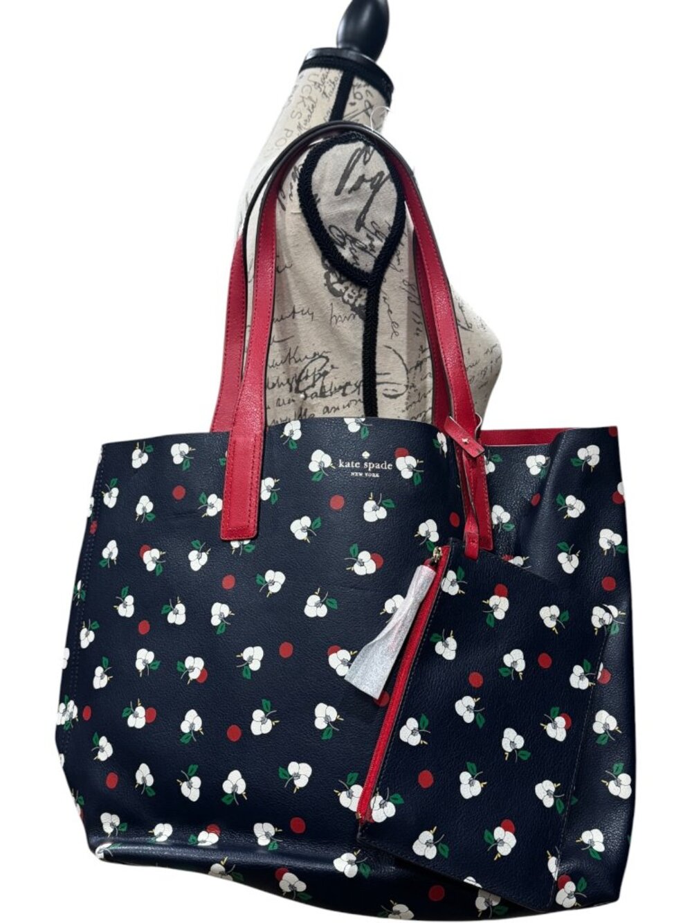 Kate Spade New York Floral Reversible Tote Bag Navy Red + Matching Zip Pouch